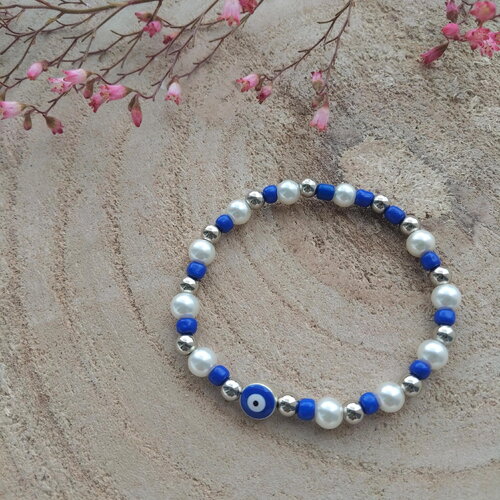 Bracelet oeil en perles argentées, porte bonheur, bleu, jaune ou violet
