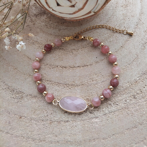 Bracelet perle en quartz rose et morganite et en acier inoxydable
