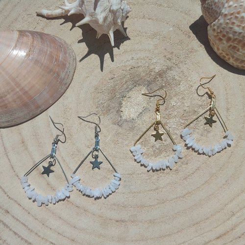 Boucles d'oreilles pendantes en pierres de calcédoine blanche et en acier inoxydable avec breloque étoile doré ou argenté