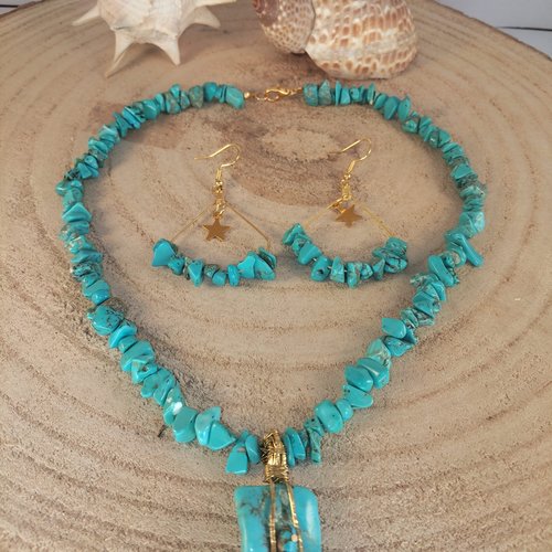 Parure de bijoux en pierre naturelle de turquoise (collier et boucles d'oreilles)