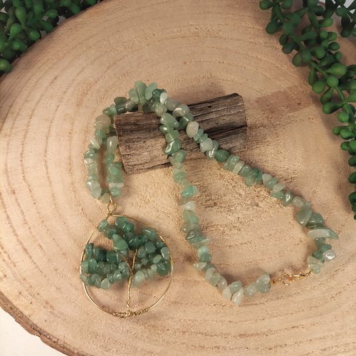 Collier pendentif arbre de vie en pierre aventurine et en acier inoxydable doré