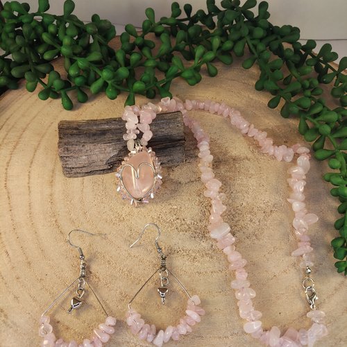 Parure collier avec pendentif cœur et boucles d'oreilles pendantes en pierres naturelles quartz rose et acier inoxydable argenté