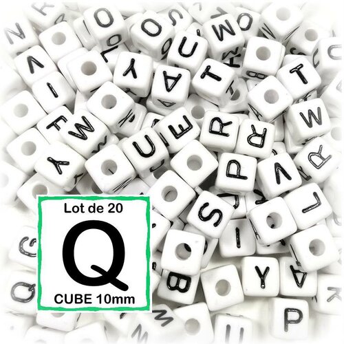 20 perles q alphabet 10 mm - perles lettres cube 10mm