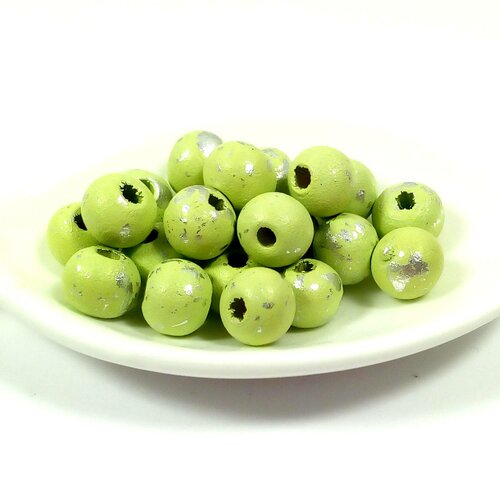 50 perles en bois 8 mm mouchetées argent - vert