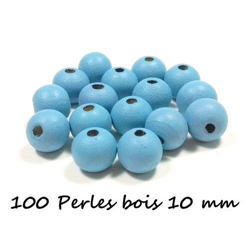 100 perles en bois 10mm bleu clair