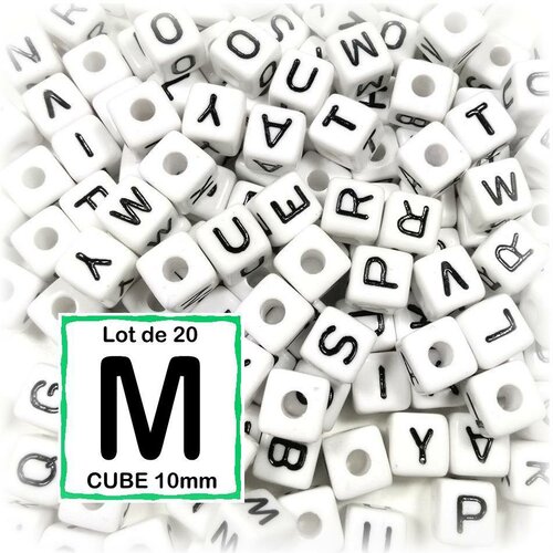 20 perles m alphabet 10 mm - perles lettres cube 10mm