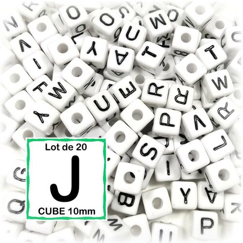 20 perles j alphabet 10 mm - perles lettres cube 10mm