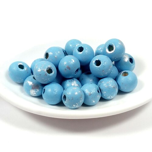 50 perles en bois 8 mm mouchetées argent - bleu *