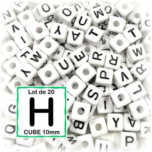20 perles h alphabet 10 mm - perles lettres cube 10mm
