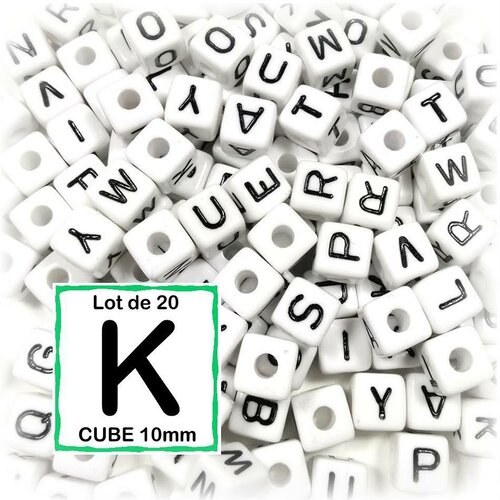 20 perles k alphabet 10 mm - perles lettres cube 10mm