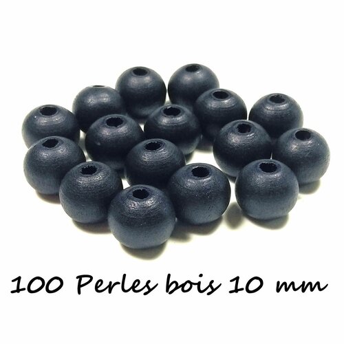 100 perles en bois 10mm bleu marine