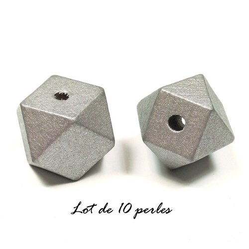 10 perles polygone en bois 20mm argent