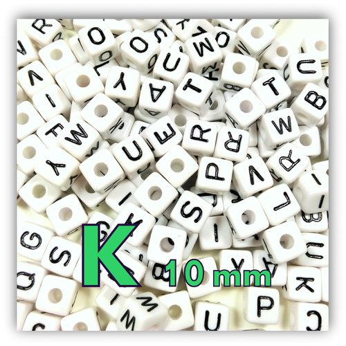 1 perle alphabet cube 10mm - perle lettre k