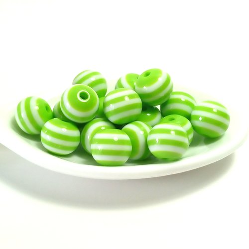 20 perles rondes en résine 10mm rayées vert