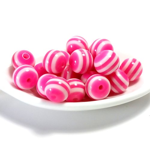 20 perles rondes en résine 10mm rayées rose