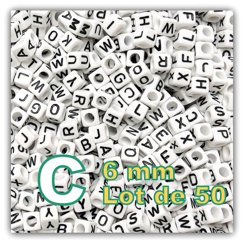 50 perles lettre c 6mm - perles alphabet cube 6mm
