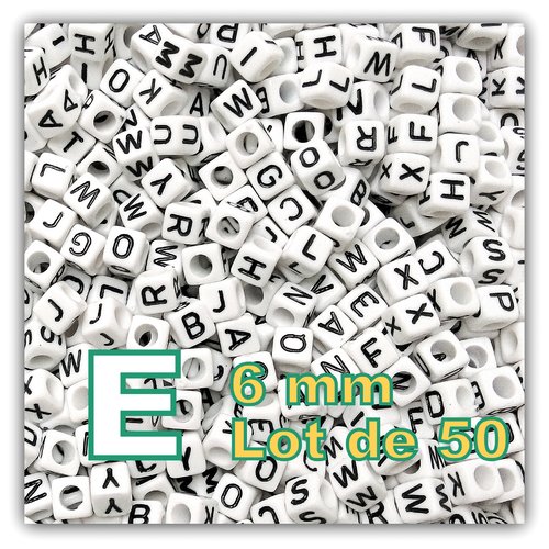 50 perles lettre e 6mm - perles alphabet cube 6mm