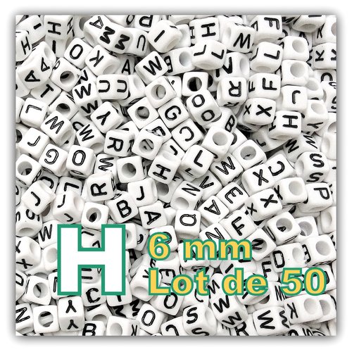 50 perles lettre h 6mm - perles alphabet cube 6mm