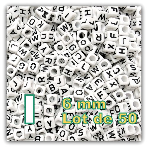 50 perles lettre i 6mm - perles alphabet cube 6mm