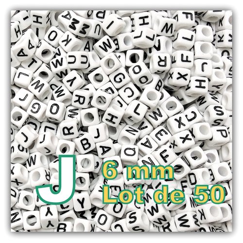 50 perles lettre j 6mm - perles alphabet cube 6mm