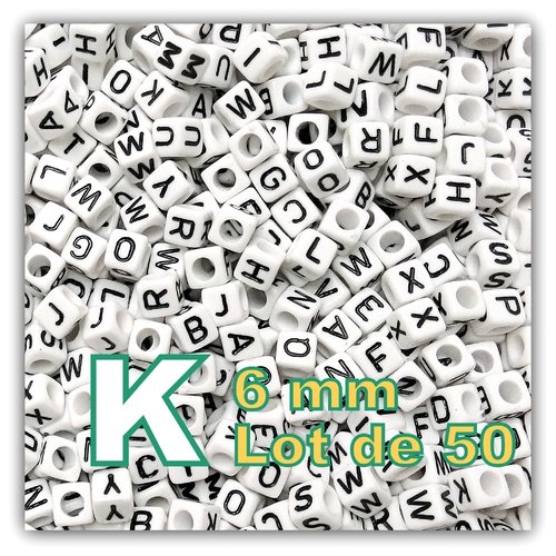 50 perles lettre k 6mm - perles alphabet cube 6mm