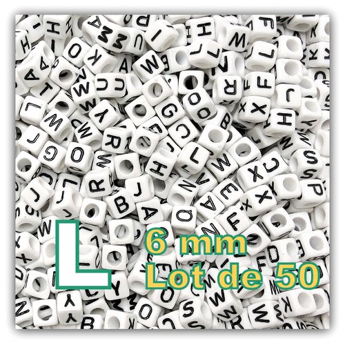 50 perles lettre l 6mm - perles alphabet cube 6mm