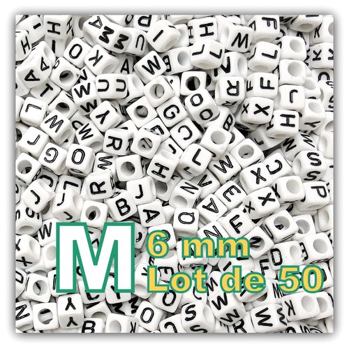 50 perles lettre m 6mm - perles alphabet cube 6mm