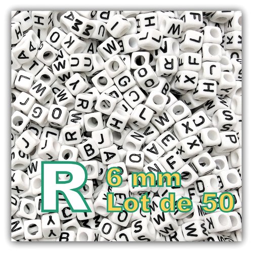 50 perles lettre r 6mm - perles alphabet cube 6mm