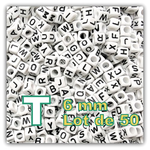 50 perles lettre t 6mm - perles alphabet cube 6mm