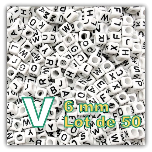 50 perles lettre v 6mm - perles alphabet cube 6mm