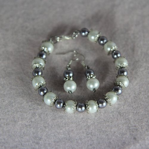 Bracelet et boucle d'oreille perle nacré blanche et grise