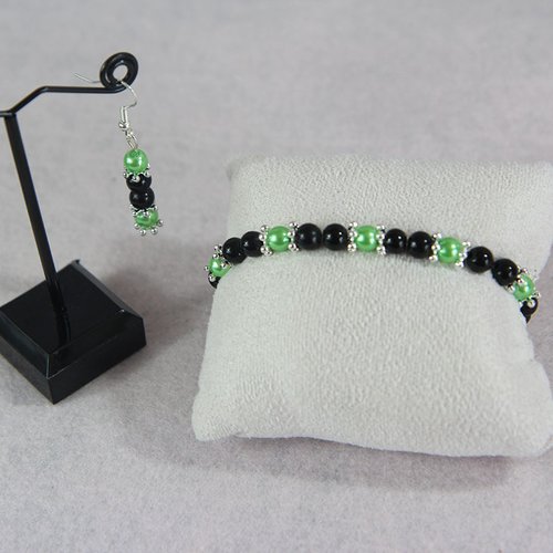 Bracelet et boucle d'oreille argenté perle verte et noire