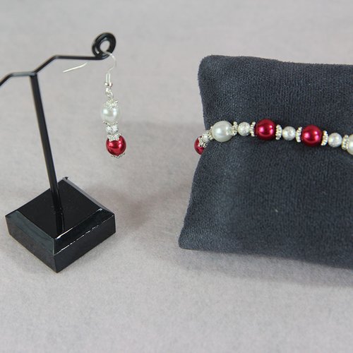 Bracelet et boucle d'oreille argenté perle nacré et rouge