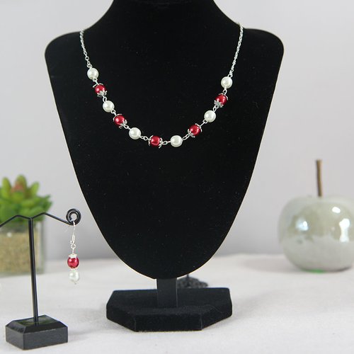 Boucle d'oreille et collier argenté réglable perle nacrée et rouge