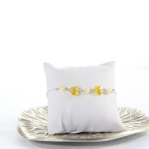 Bracelet argenté réglable papillon et perle jaune swarovski