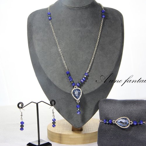 Ensemble collier, bracelet et boucle d'oreille argenté goutte d'eau bleu et perle brillante