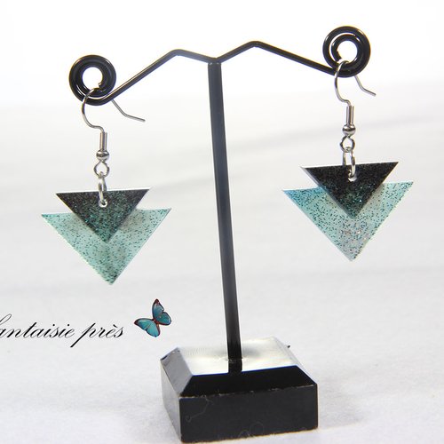 Boucle d'oreille argenté double triangle noir et turquoise