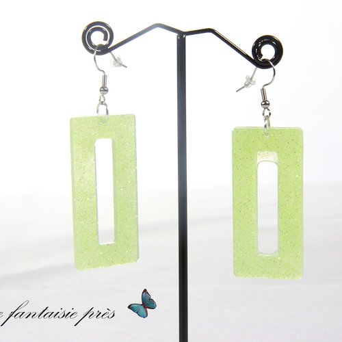 Boucle d'oreille argenté rectangle vert pailleté