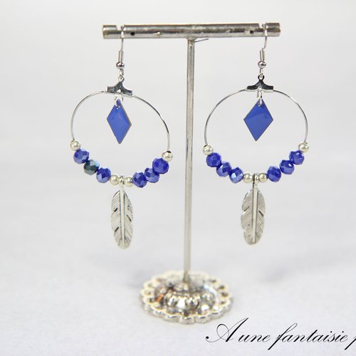 Boucle d'oreille créole argenté plume perle et sequin bleu