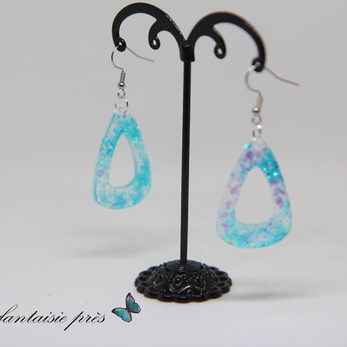 Boucle d'oreille argenté triangle bleu pailleté