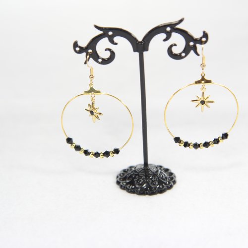 Boucle d'oreille créole doré étoile et perle  noire