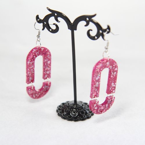 Boucle d'oreille argenté fuschia pailleté