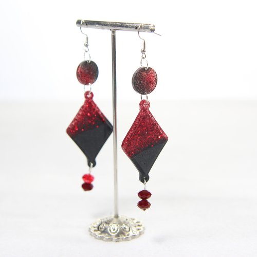Boucle d'oreille argenté losange noir et rouge brillant