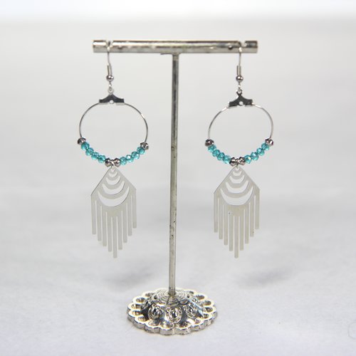 Boucle d'oreille créole argenté perle turquoise