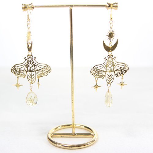Boucle d'oreille doré soleil, lune et strass
