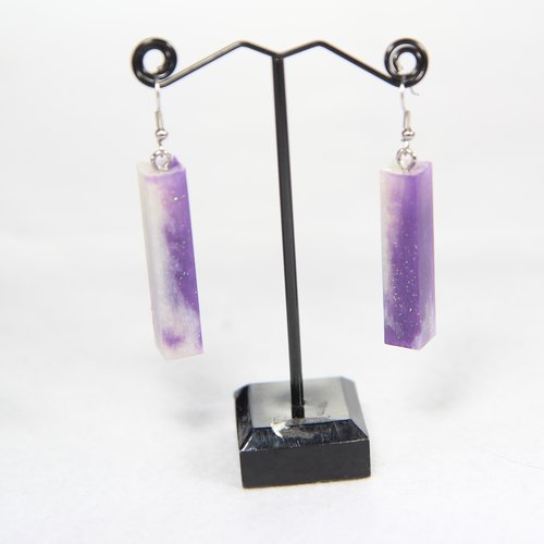 Boucle d'oreille argenté rectangle mauve et blanc
