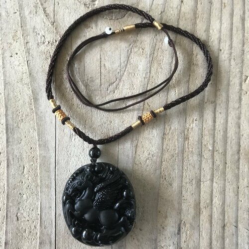 Kit collier tibétain pendentif pégase en obsidienne noire le collier en fil tissé est réglable