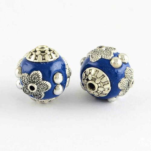 Perle indonésienne bleu et argent 14 mm, trou: 1.5 mm,lot de 2 perles