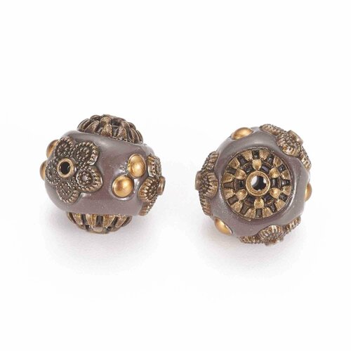 Perle indonésienne,ronde faite main avec des noyaux en alliage,14x14 mm, trou: 1.5 mm,lot de 2 perles