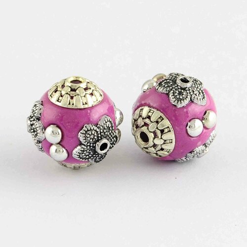 Perle indonésienne rose et argent 14 mm, trou: 1.5 mm,lot de 2 perles